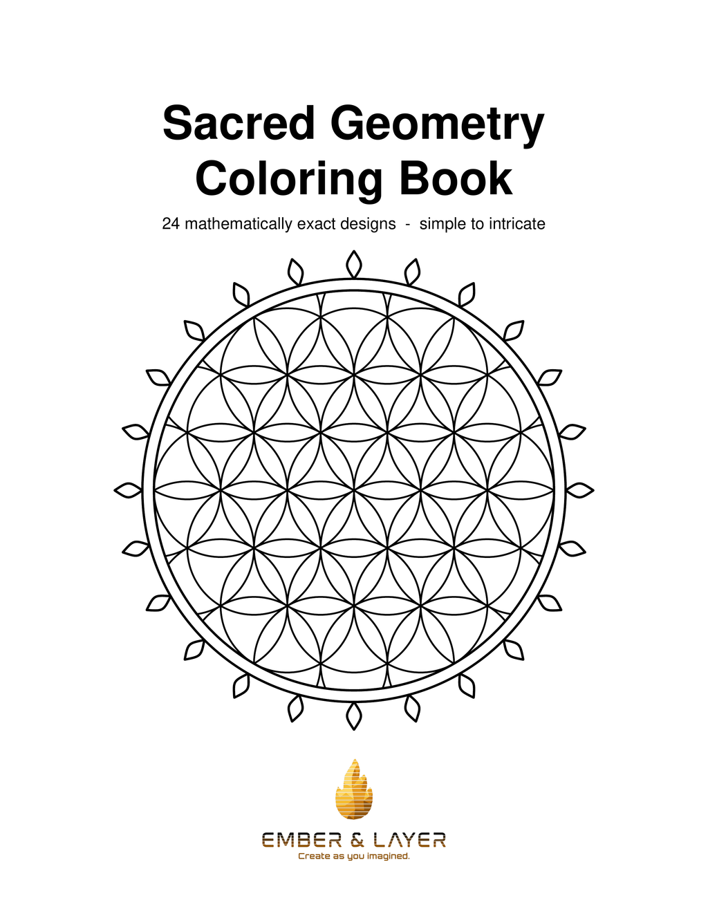 Sacred Geometry Coloring Book cover by Ember & Layer, with a Flower of Life mandala and the words 24 mathematically exact designs, simple to intricate