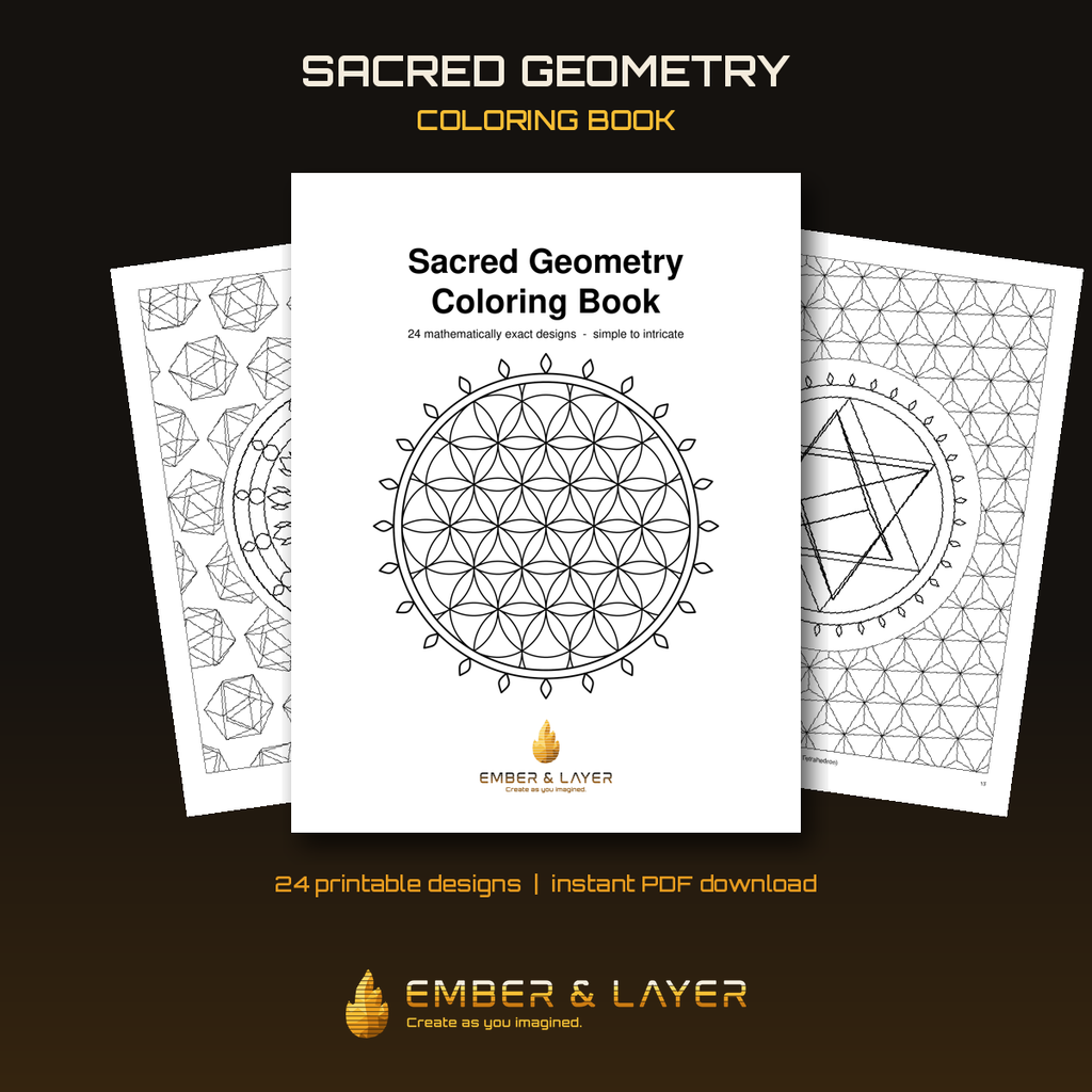 Ember & Layer Sacred Geometry Coloring Book mockup showing the cover and two sample pages, 24 printable designs, instant PDF download