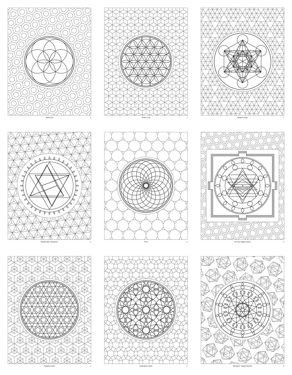 Preview of nine Ember & Layer coloring pages: Seed of Life, Flower of Life, Metatron's Cube, Merkaba, Torus, Sri Yantra, Hexagram Lattice, Dodecagram Lattice and a mandala