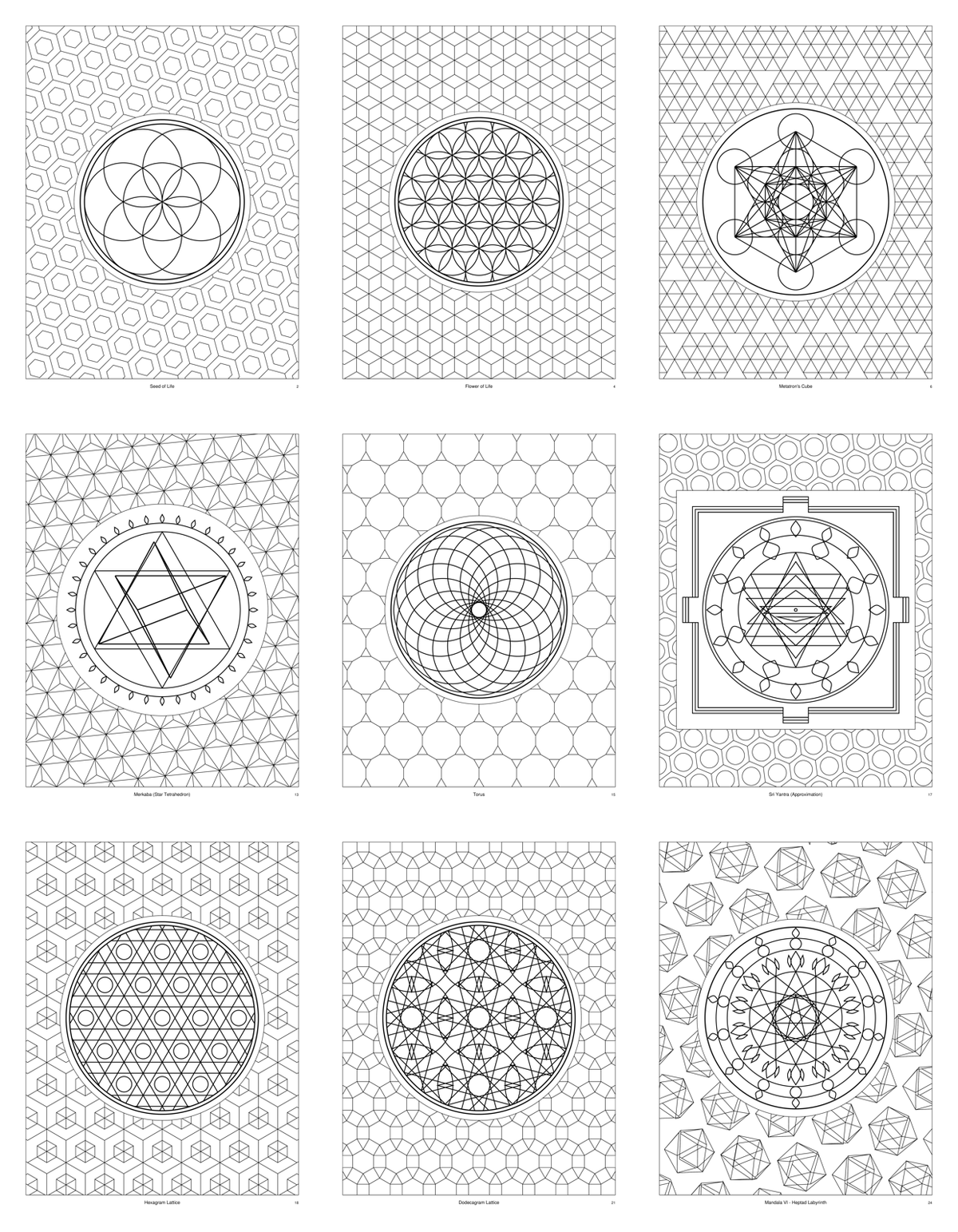 Preview of nine Ember & Layer coloring pages: Seed of Life, Flower of Life, Metatron's Cube, Merkaba, Torus, Sri Yantra, Hexagram Lattice, Dodecagram Lattice and a mandala
